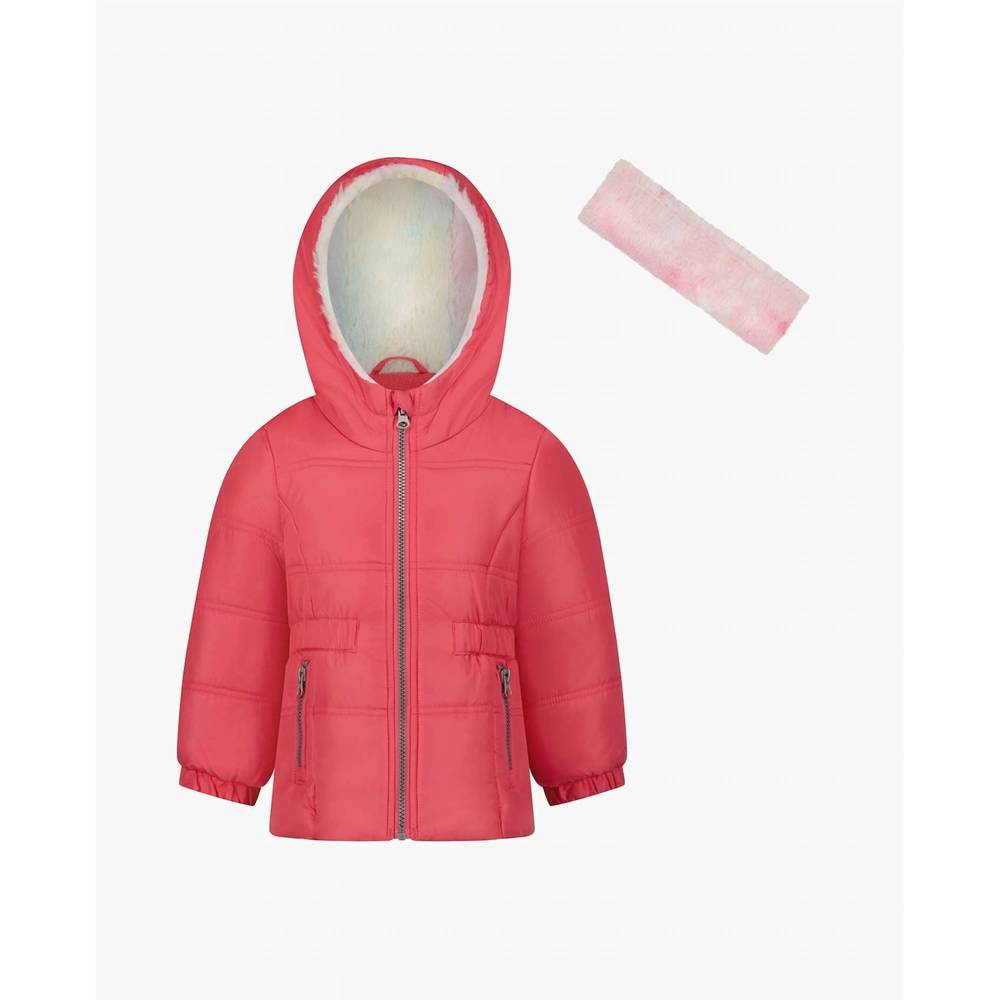 NEW LONDON FOG baby girls zip-front hooded mid cinch puffer jacket in fuchsia